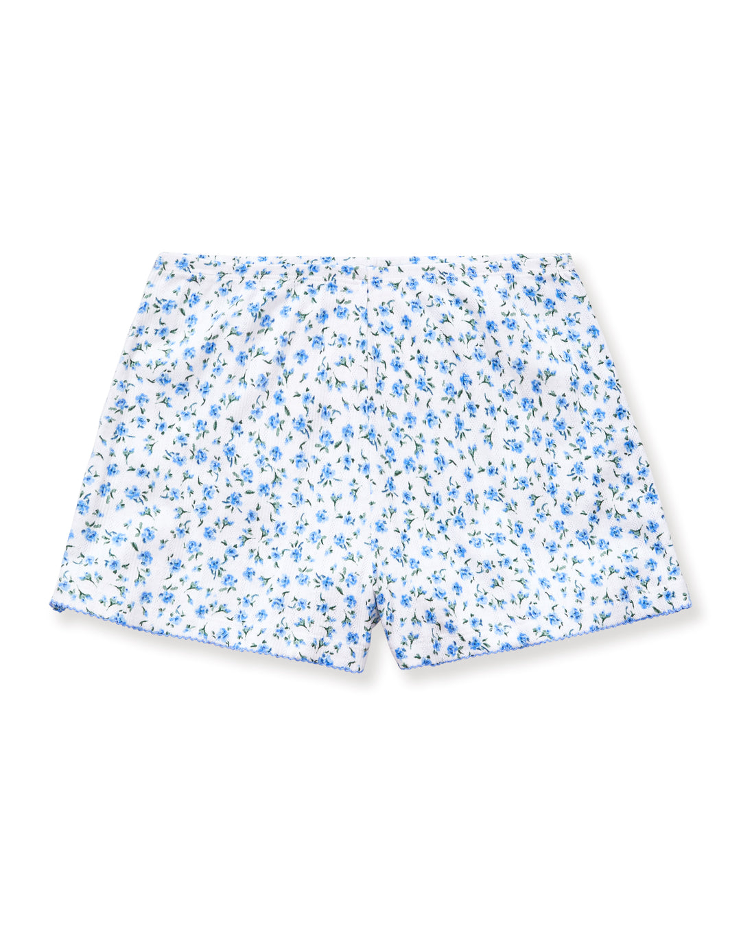 Floral shorts with blue and white pattern on a white background
