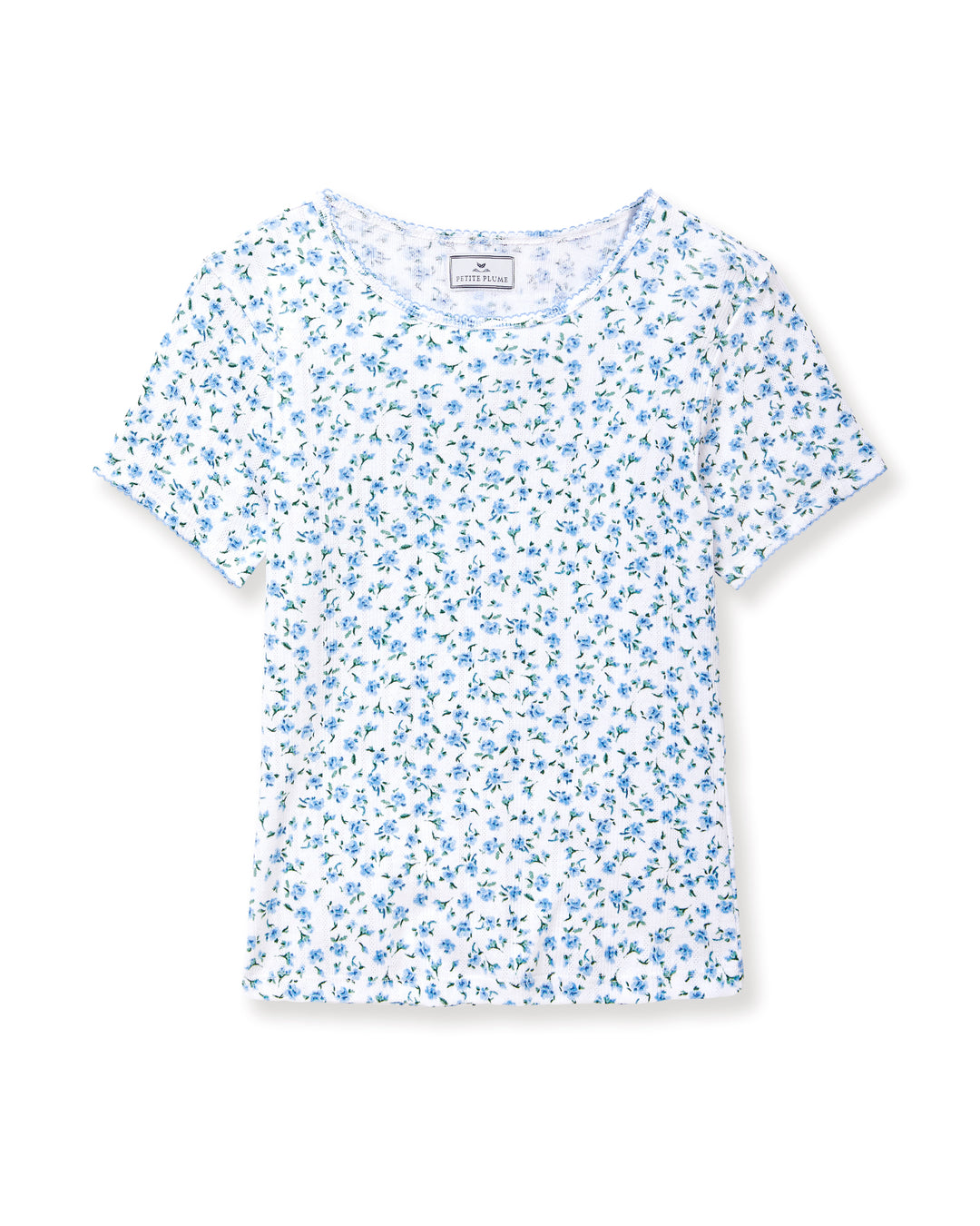 White t-shirt with blue floral pattern on a white background