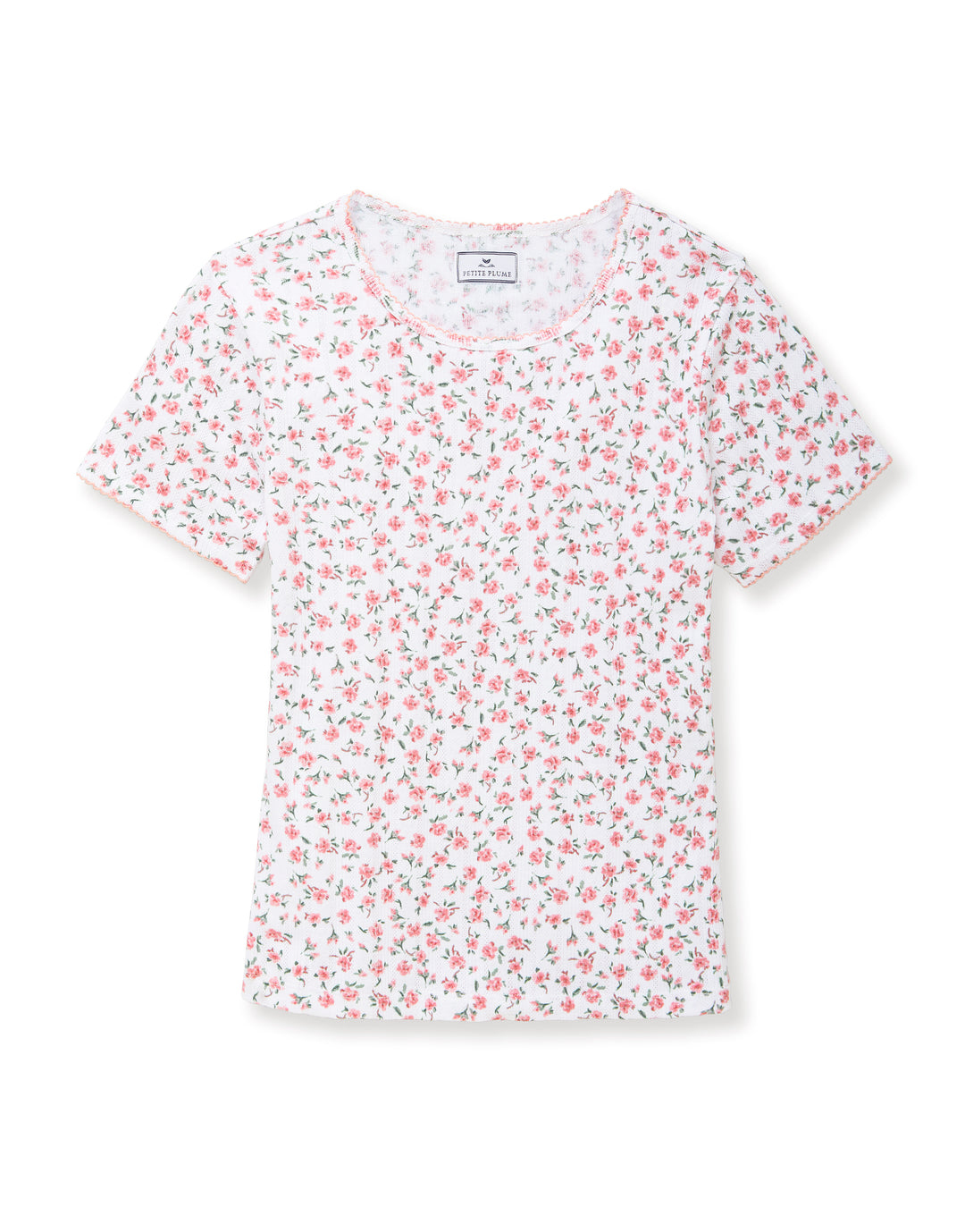Pink floral pointelle t shirt on white background