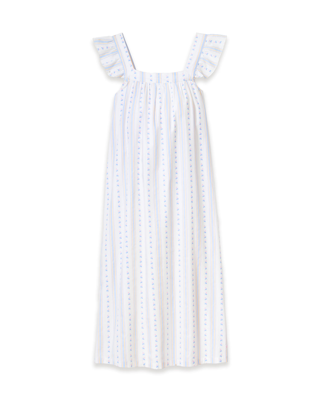 White dress with blue polka dots on a white background