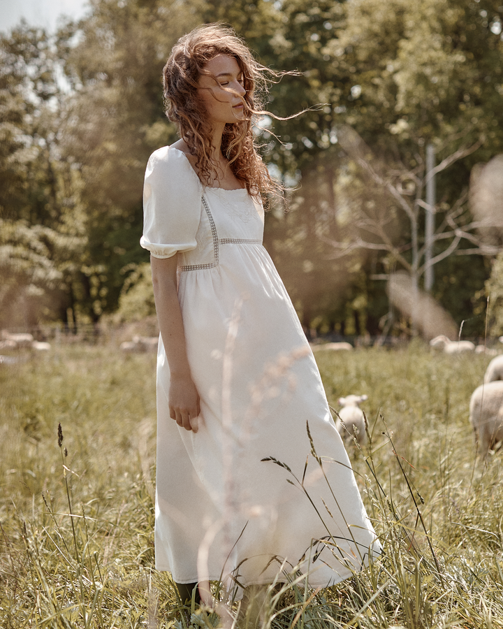 Petite Plume women's ivory cotton voile midi nightgown with puff sleeves and floral embroidery