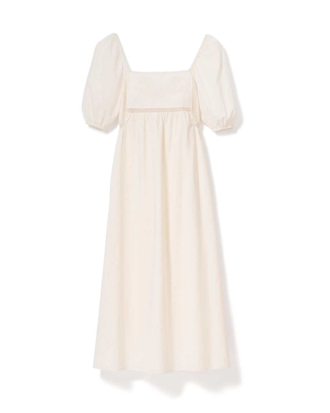 Petite Plume women's ivory cotton voile midi nightgown with puff sleeves and floral embroidery