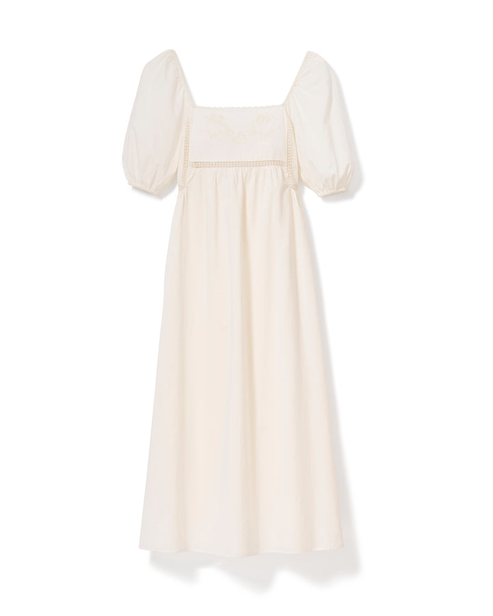 Petite Plume women's ivory cotton voile midi nightgown with puff sleeves and floral embroidery