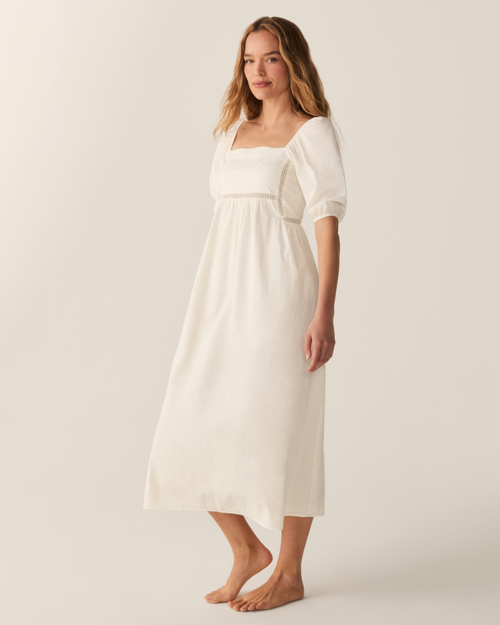 Petite Plume women's ivory cotton voile midi nightgown with puff sleeves and floral embroidery