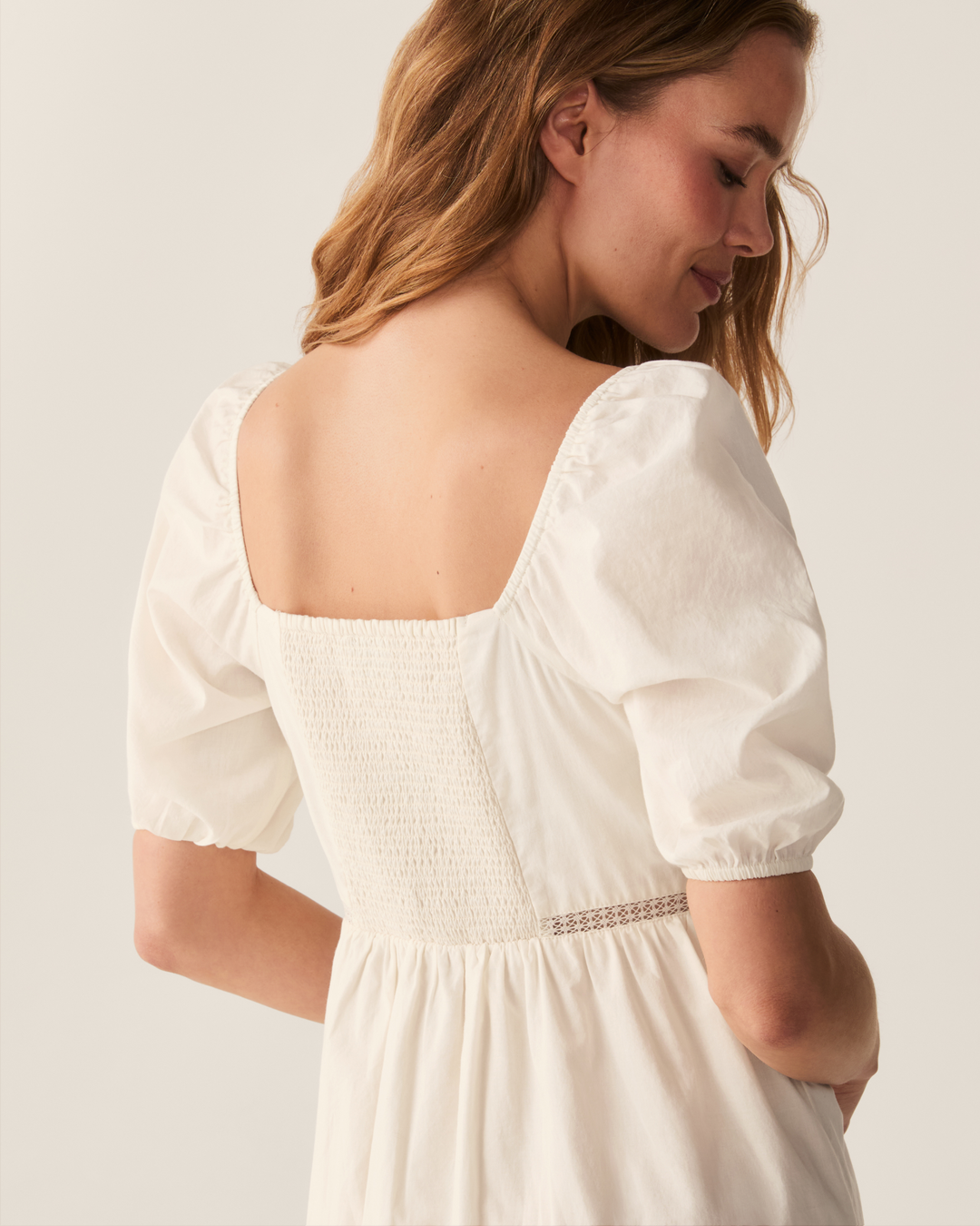 Petite Plume women's ivory cotton voile midi nightgown with puff sleeves and floral embroidery