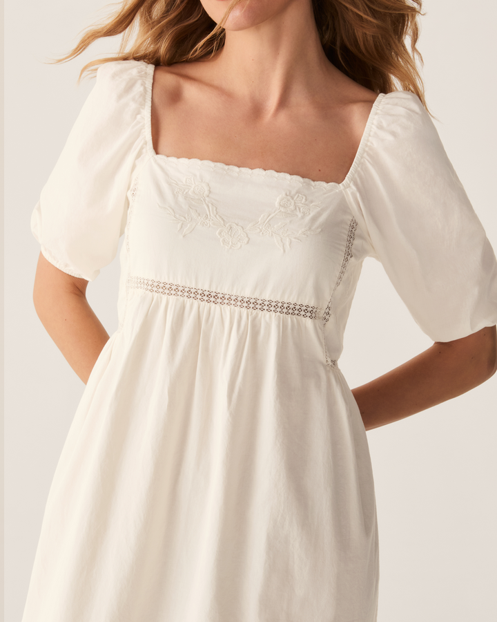 Petite Plume women's ivory cotton voile midi nightgown with puff sleeves and floral embroidery