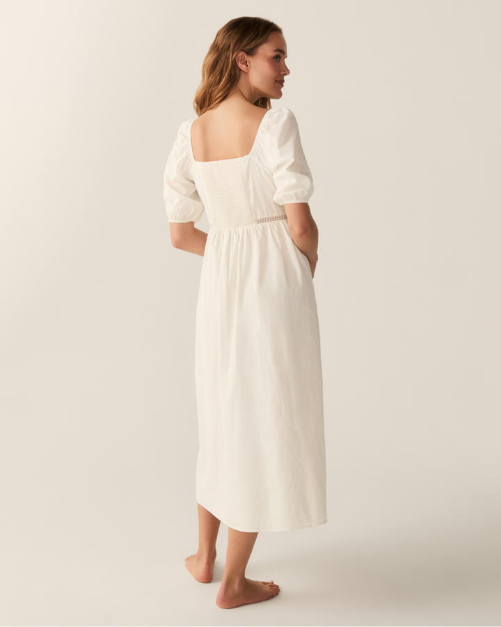 Petite Plume women's ivory cotton voile midi nightgown with puff sleeves and floral embroidery