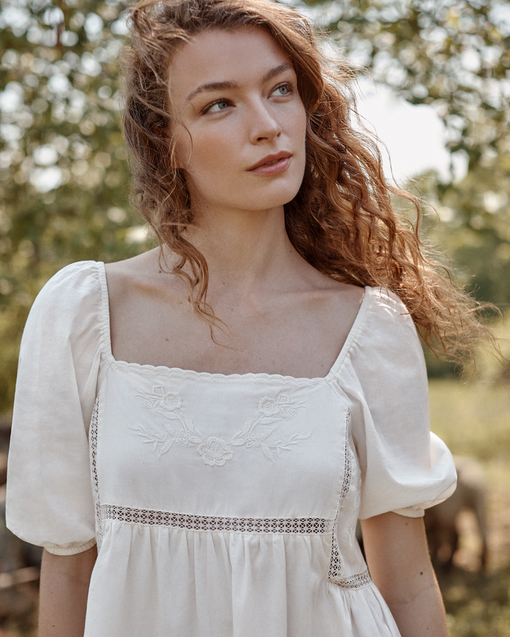 Petite Plume women's ivory cotton voile midi nightgown with puff sleeves and floral embroidery