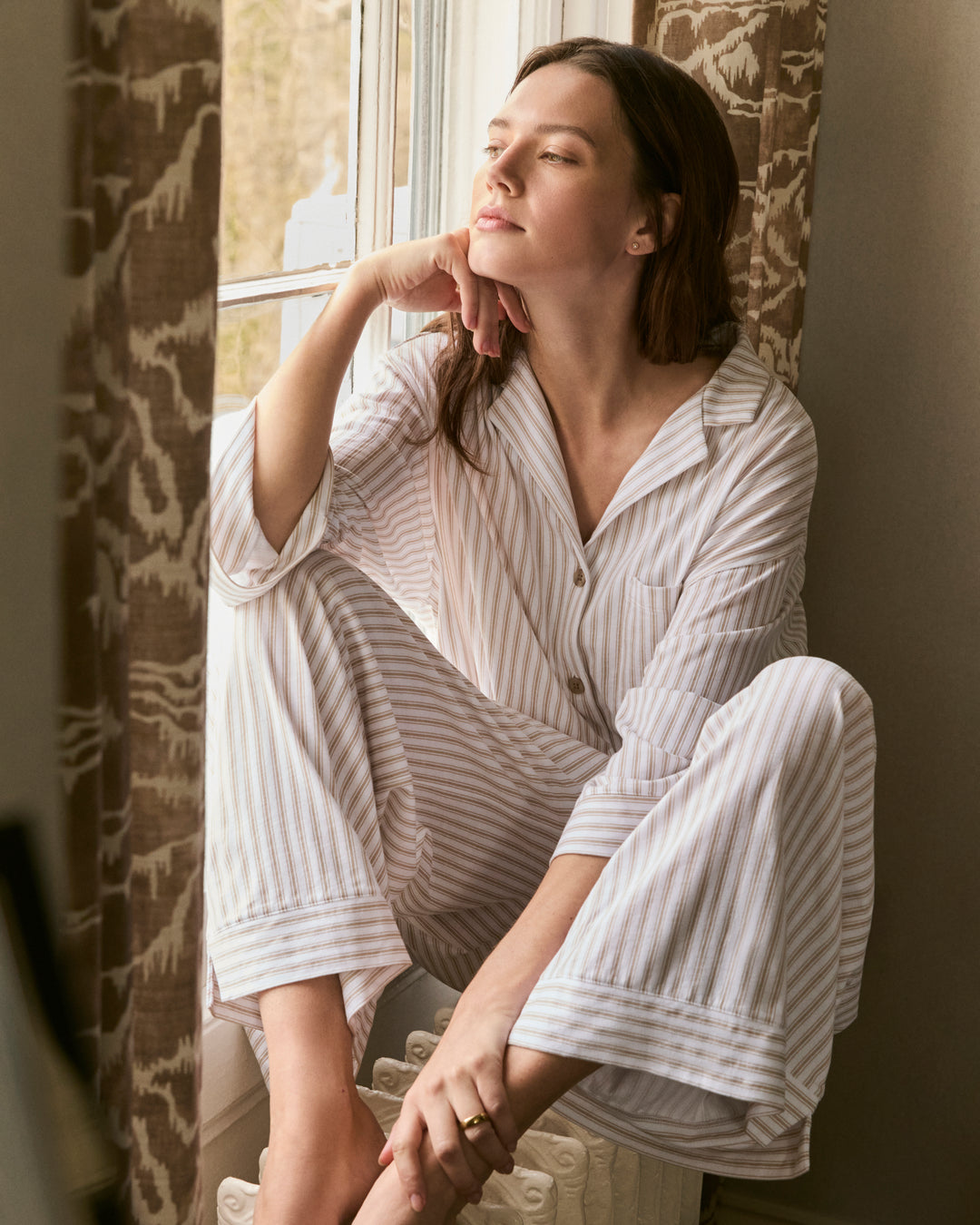 Petite Plume The Olivia Wide Leg Pima Pajama Set in Camel Ticking