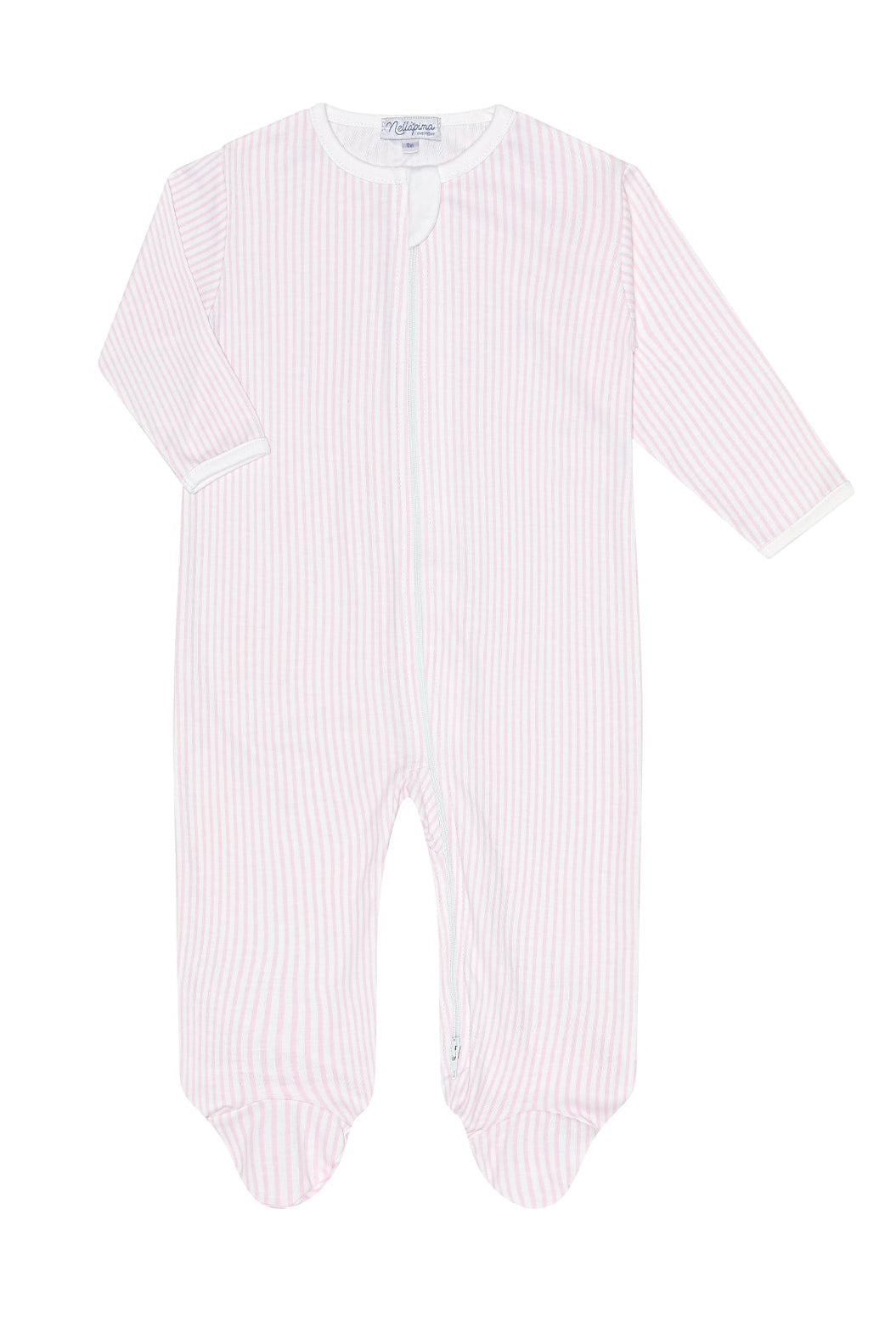 A long-sleeve baby footed sleeper in a light pink and white vertical stripe pattern, shown flat against a white background.