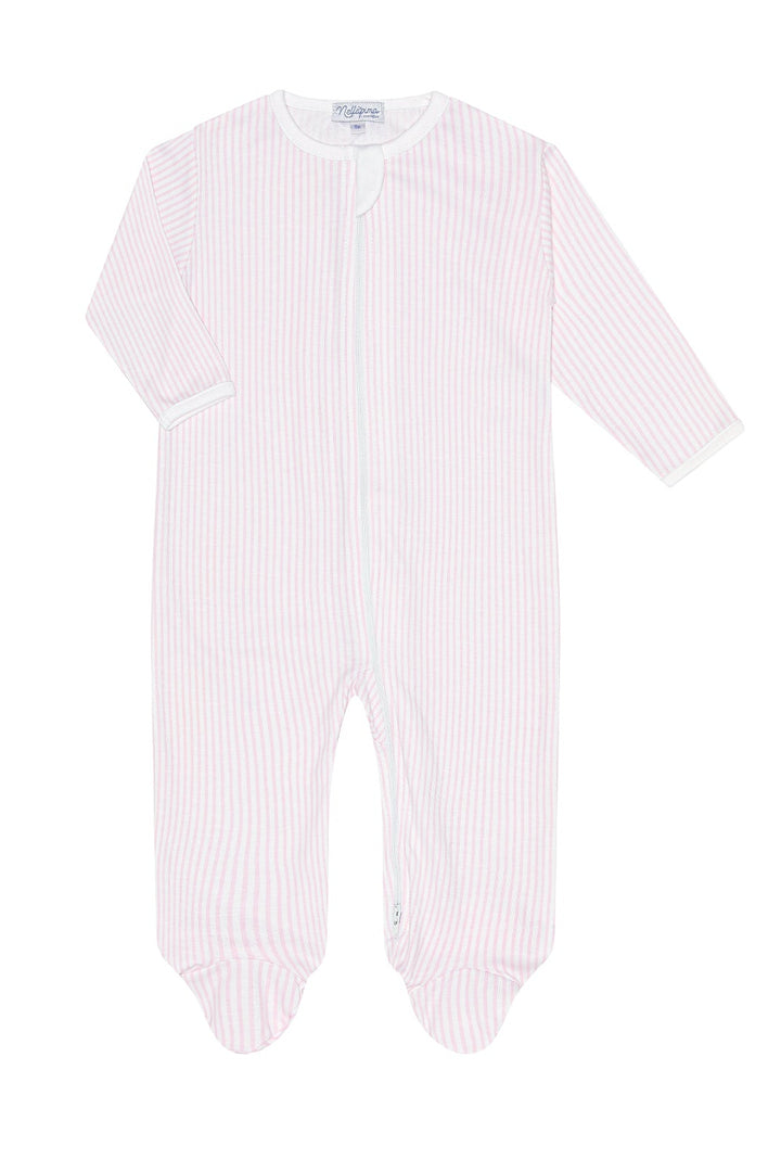 A long-sleeve baby footed sleeper in a light pink and white vertical stripe pattern, shown flat against a white background.