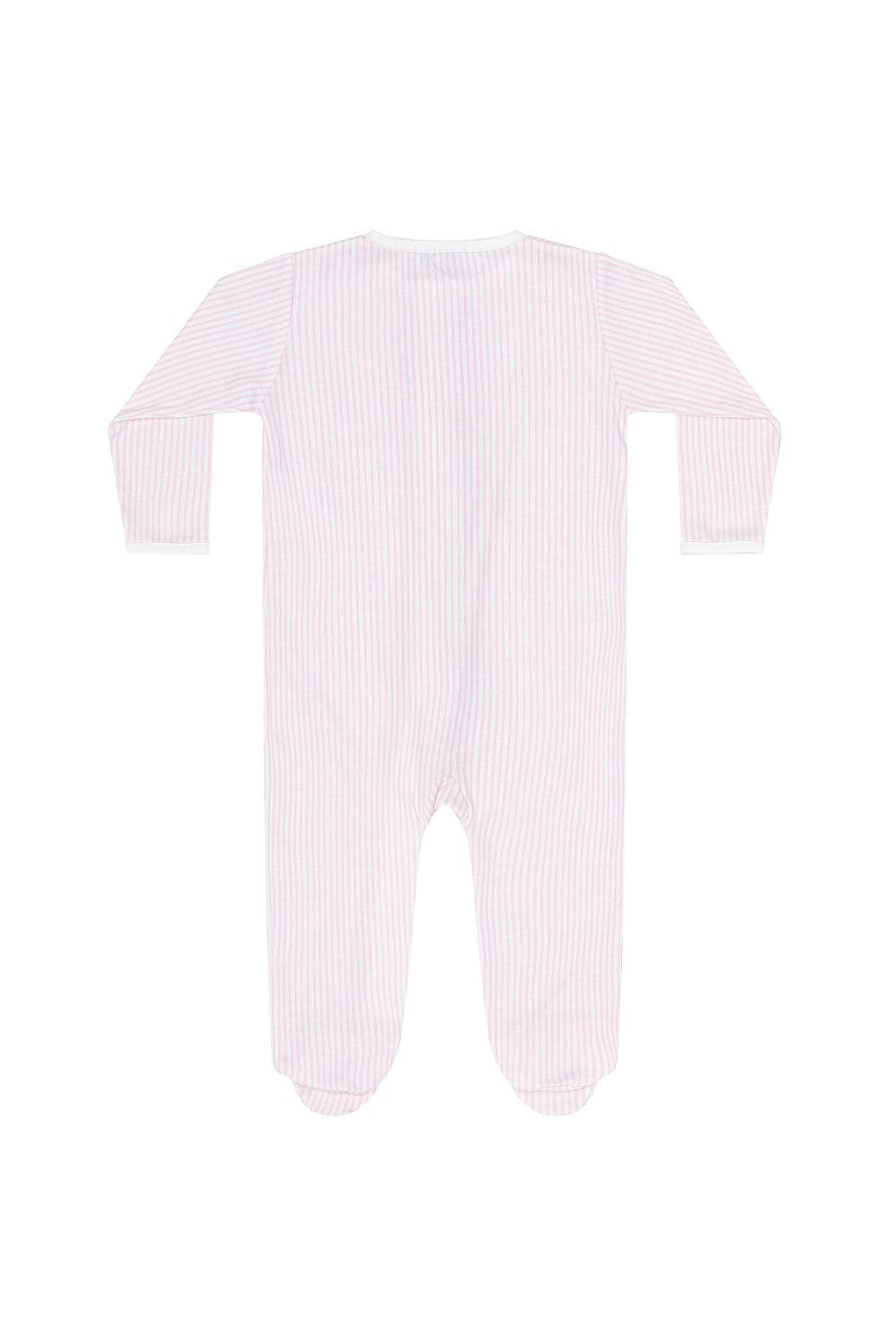 A baby footed one-piece sleeper with long sleeves and a front zipper, featuring fine vertical pink and white stripes, shown flat on a white background.