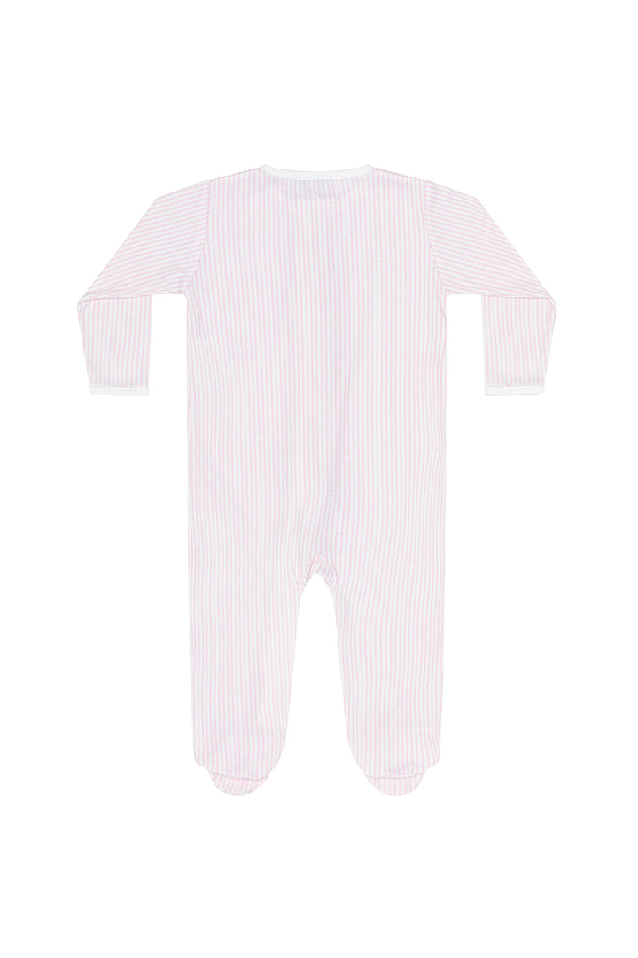 A baby footed one-piece sleeper with long sleeves and a front zipper, featuring fine vertical pink and white stripes, shown flat on a white background.