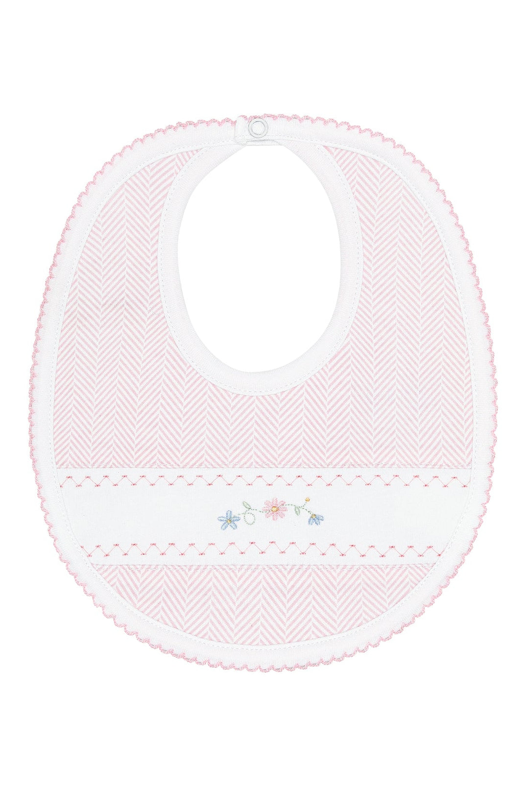 A light pink and white patterned baby bib with a small embroidered floral design in the center, shown on a plain white background.