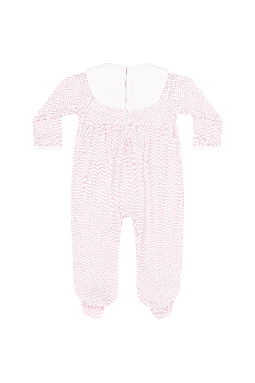 A light pink baby footed sleeper with long sleeves, a wide white collar, and a back zipper, shown flat on a white background.