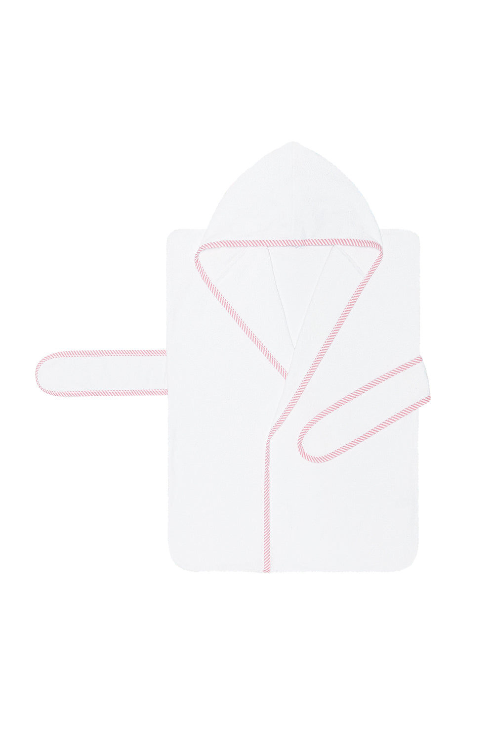 A white hooded towel or wrap with light pink piping and trim, shown flat against a plain white background.