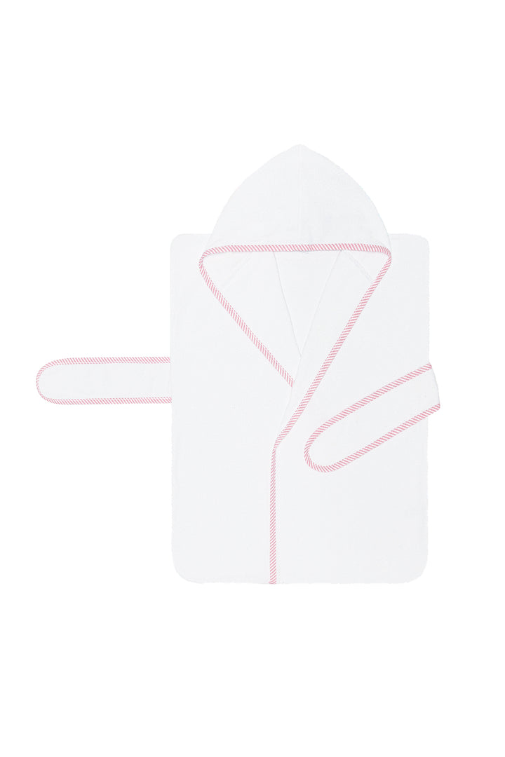 A white hooded towel or wrap with light pink piping and trim, shown flat against a plain white background.