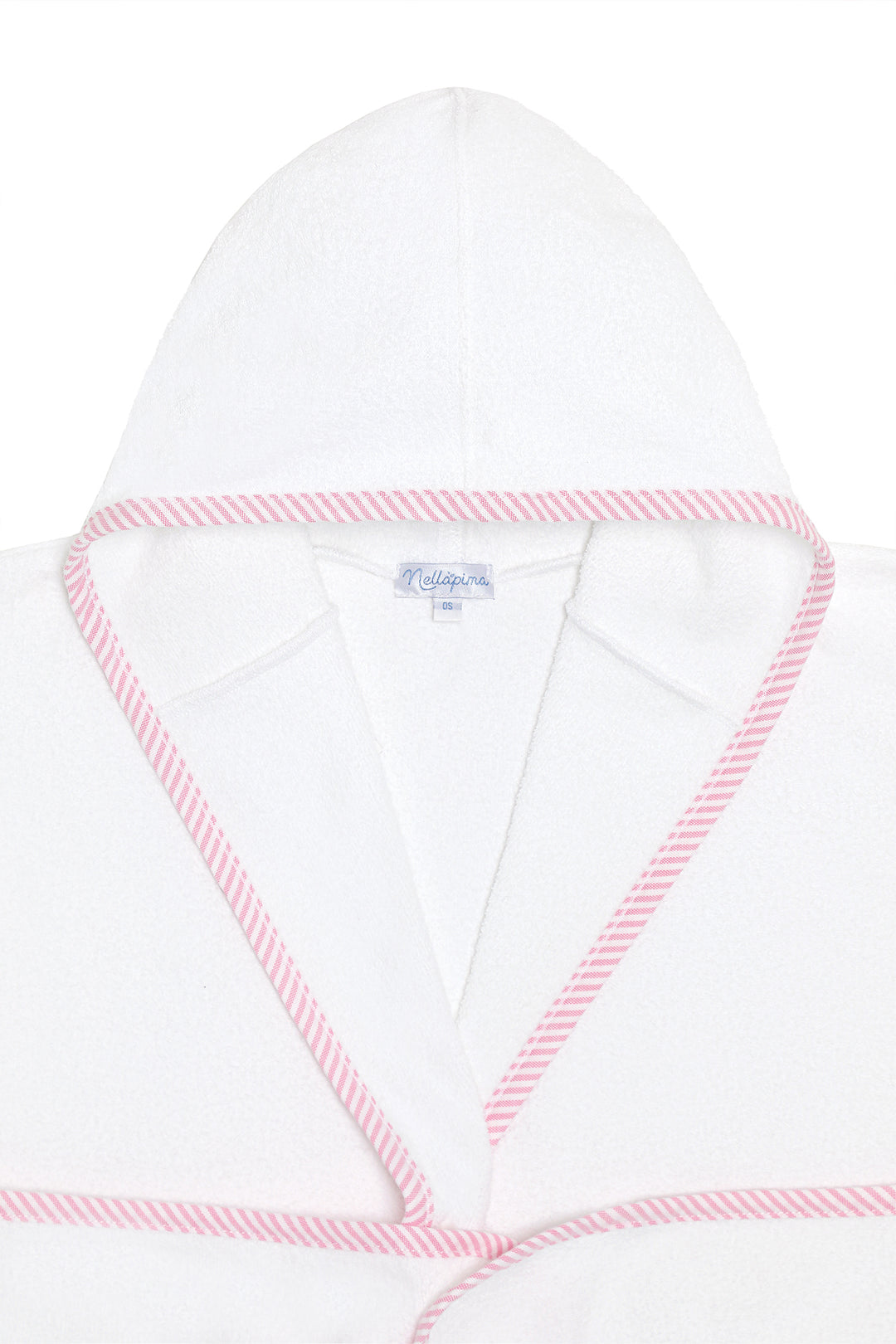A close-up of a white hooded robe or bathrobe with pink and white striped trim along the hood edge and neckline.