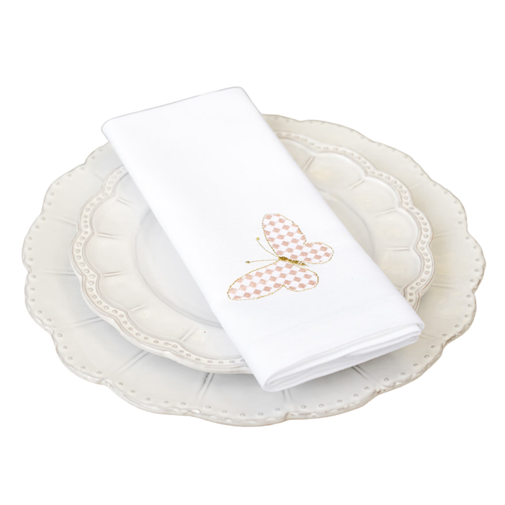 Pink Check Butterfly Embroidered Dinner Napkin – Set of 4