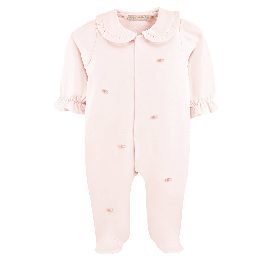 Pink Pima Cotton Footie with Embroidered Roses and Ruffle Collar
