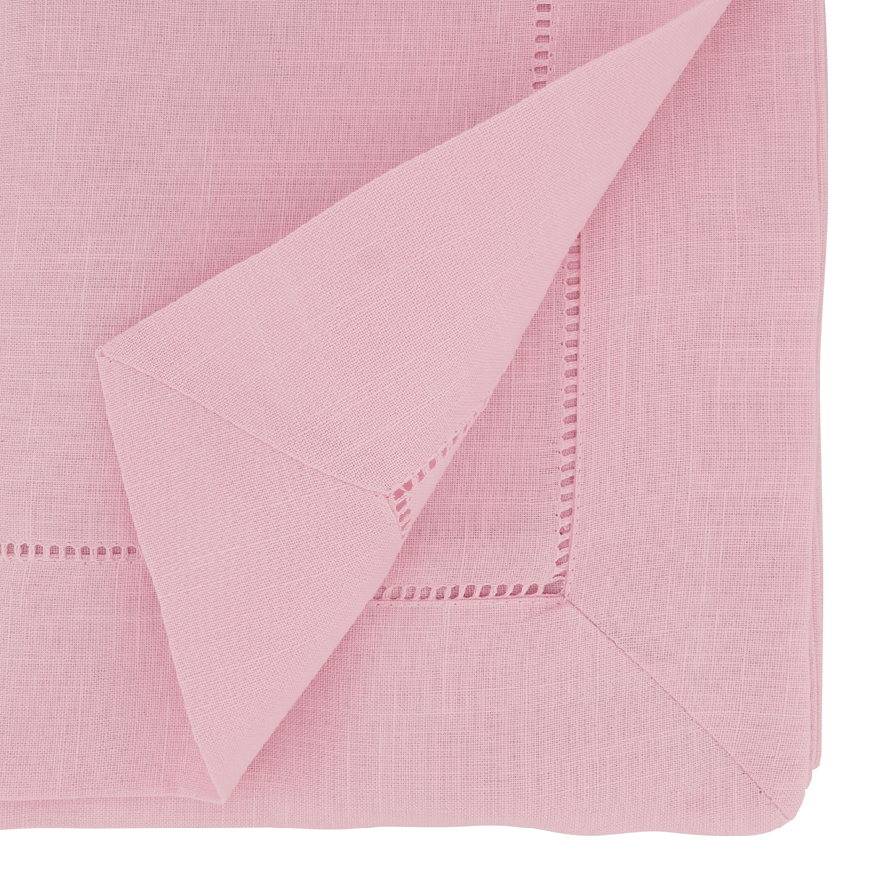 Close up of pink placemat with hemstitched border