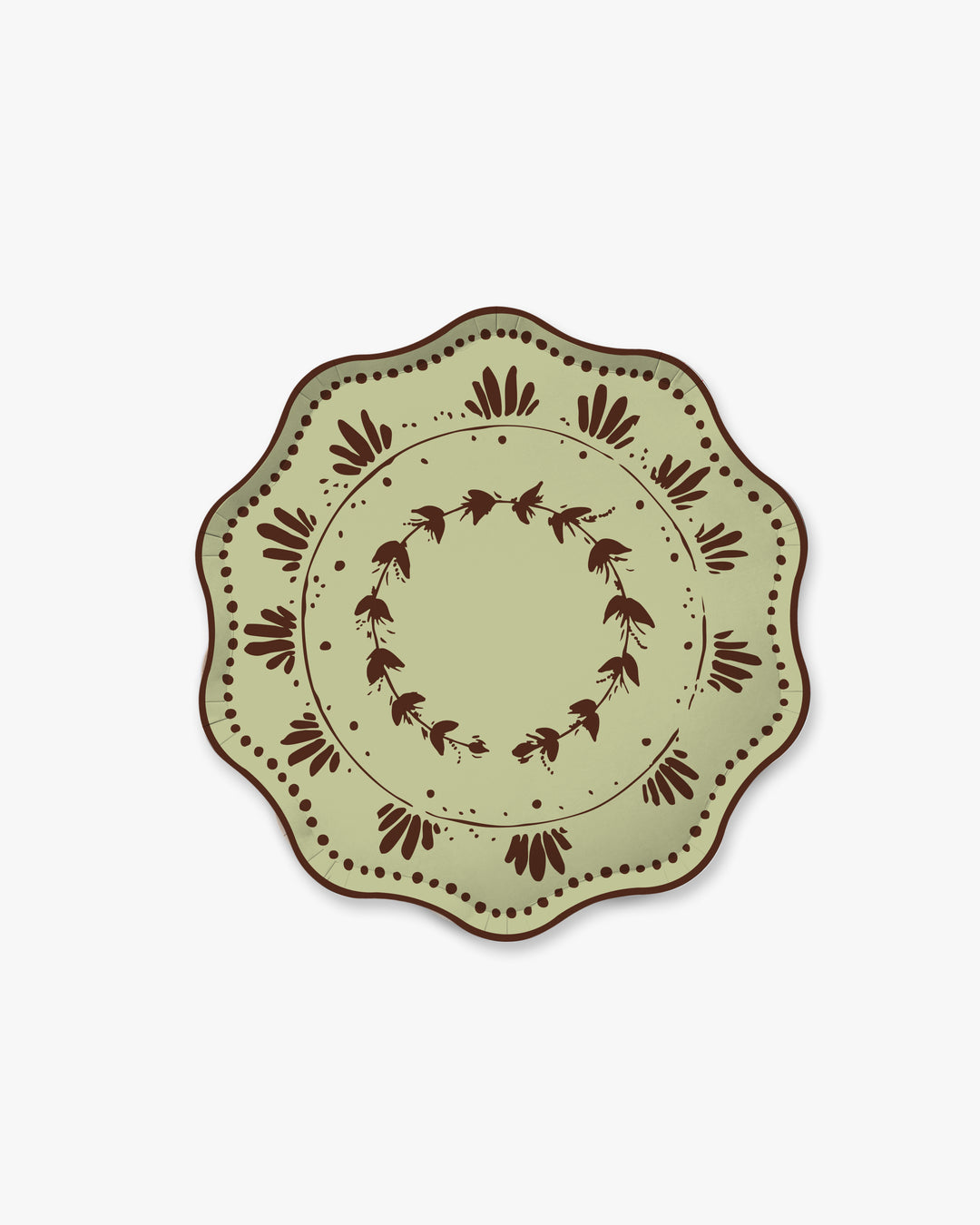 Mint green scalloped Plume dessert paper plate with hand-painted burgundy leaf border