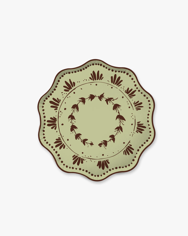 Mint green scalloped Plume dessert paper plate with hand-painted burgundy leaf border