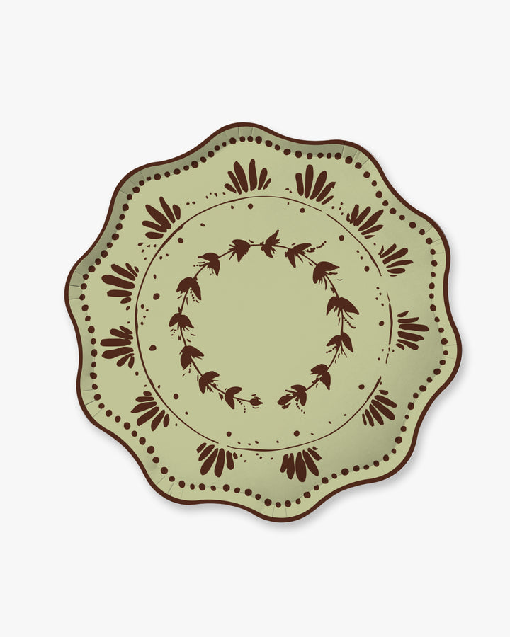 Plume Dinner Paper Plate Set in mint with burgundy scalloped floral border, front view on white background