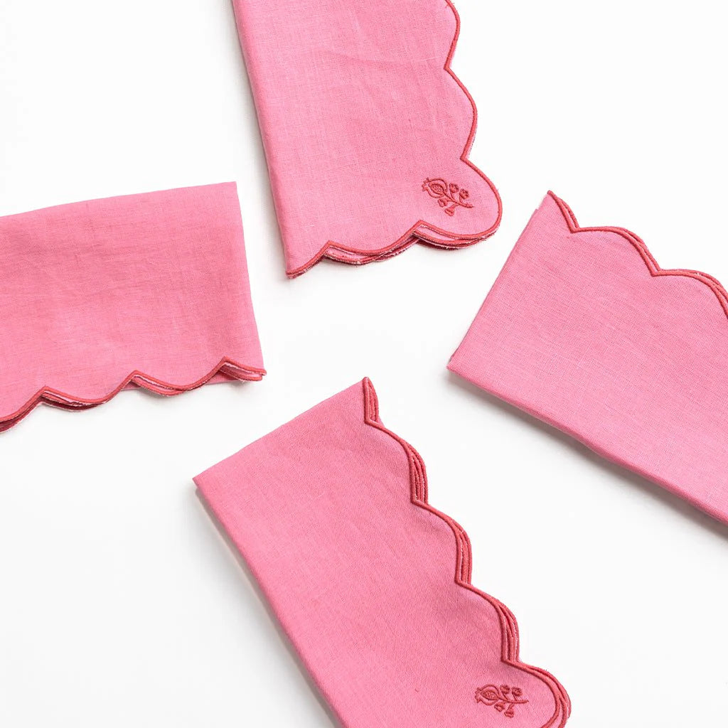 Pomegranate Scalloped Buti Wild Rose Linen Napkin - Set of 4
