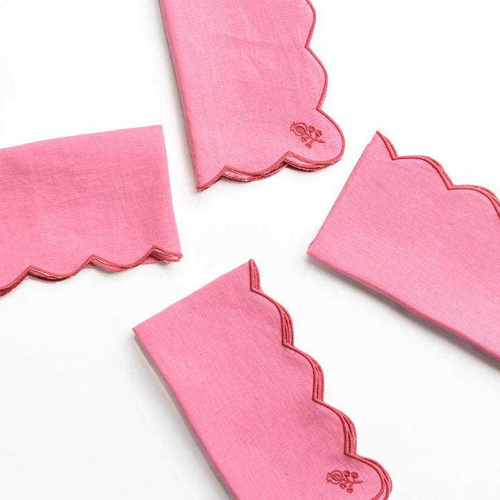 Pomegranate Scalloped Buti Wild Rose Linen Napkin - Set of 4