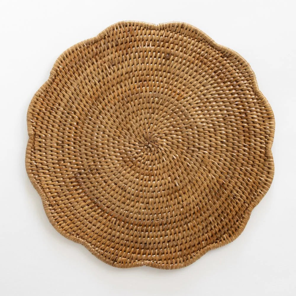 Round woven placemat on a white background