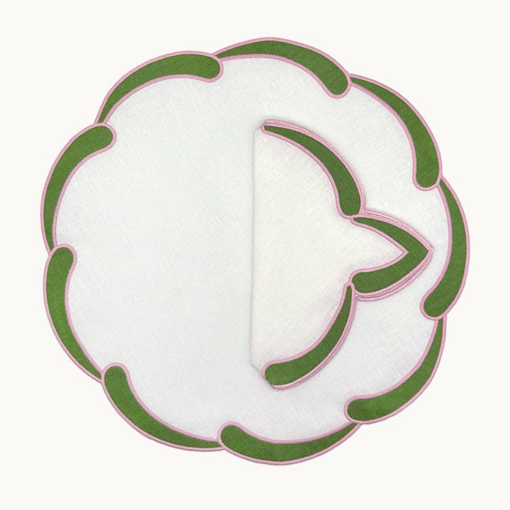 Scalloped Linen Placemat with Green and Pink Trim