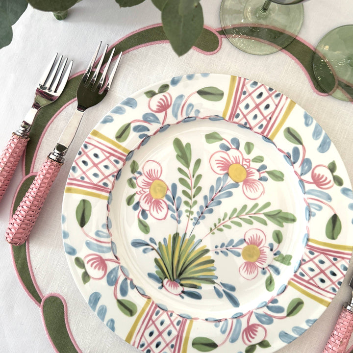 Place Setting With Linen Placemat and Floral Colorful Plate