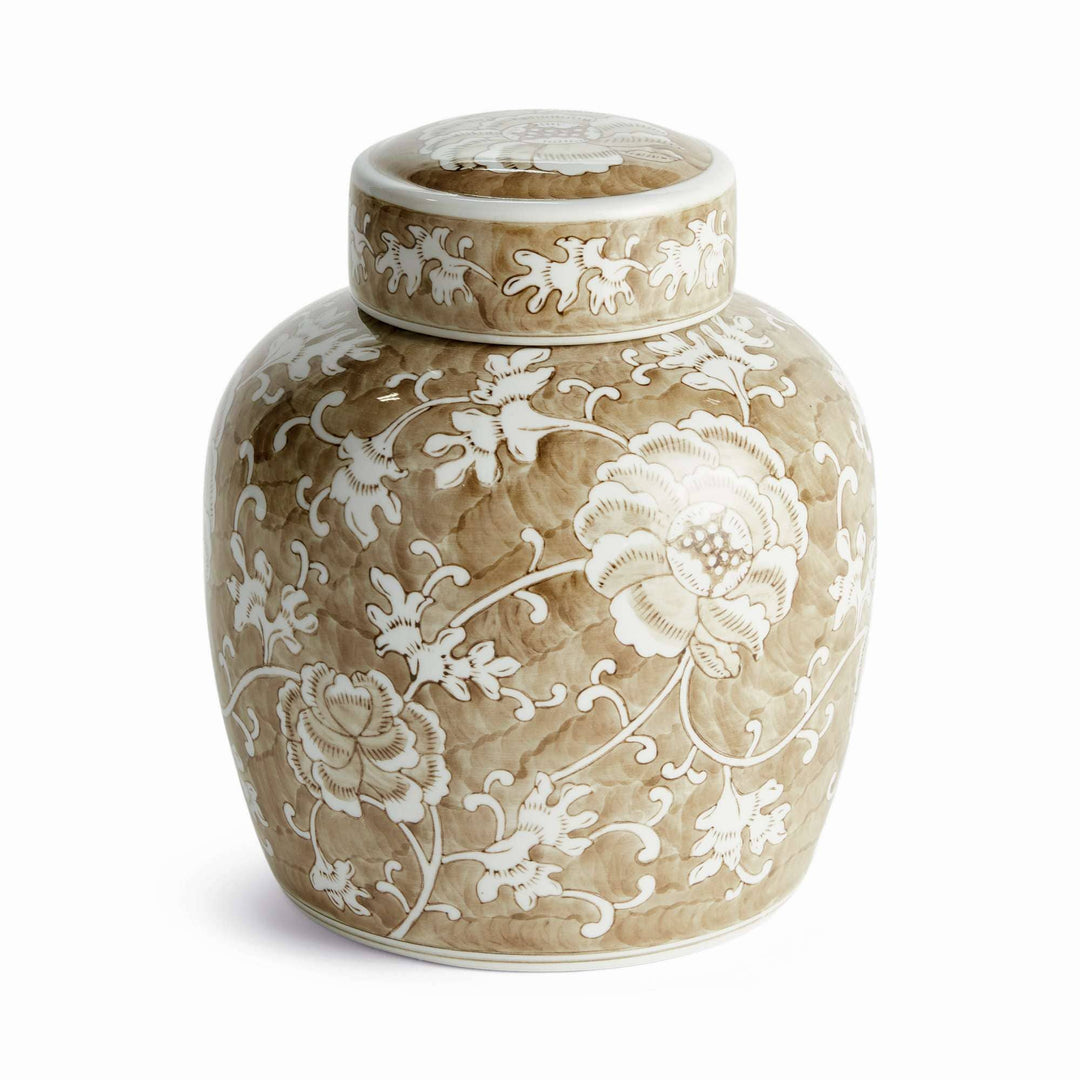Decorative ceramic jar with white floral patterns on a beige background