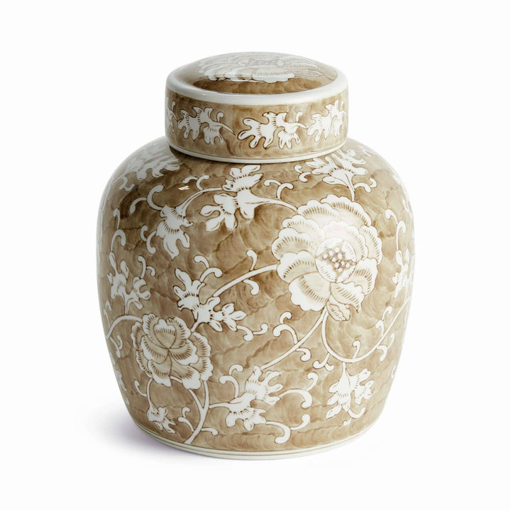 Decorative ceramic jar with white floral patterns on a beige background