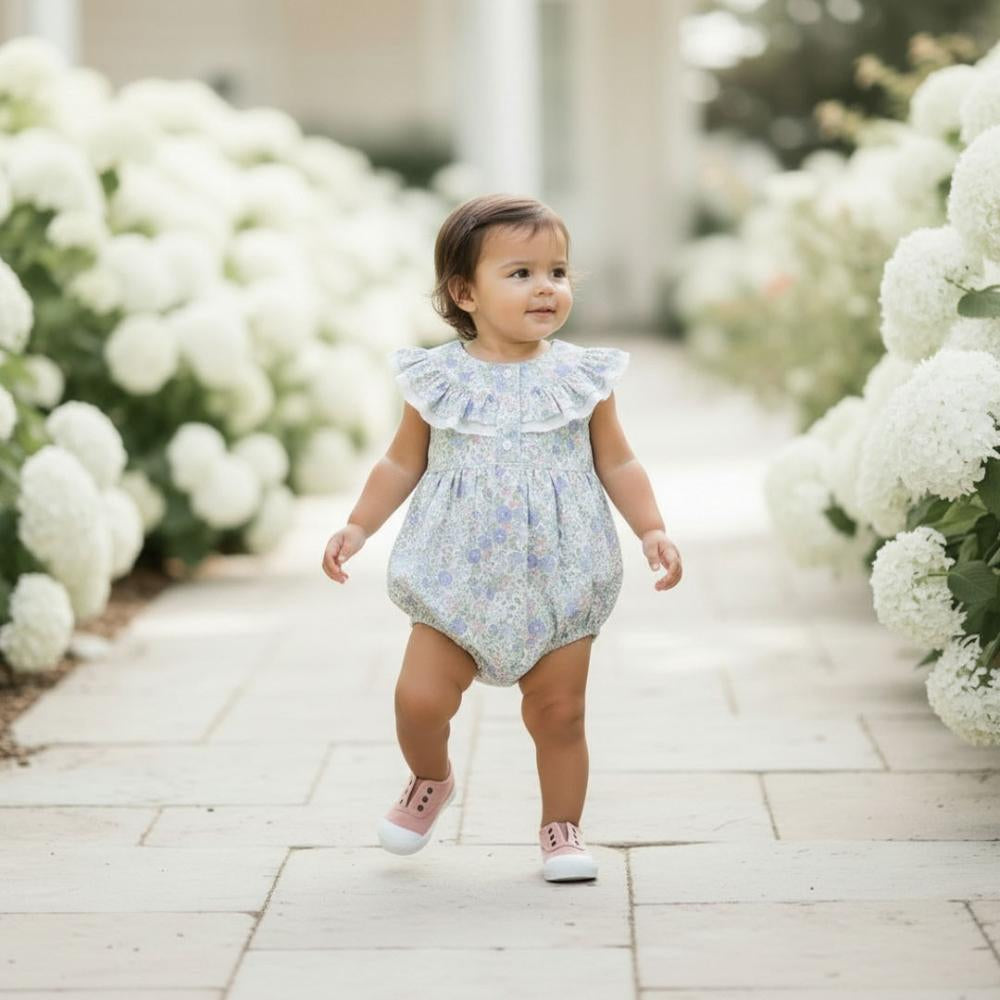 Pukatuka Blue Floral Romper with Double Ruffle