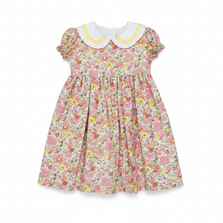 Floral dress with a white collar on a white background