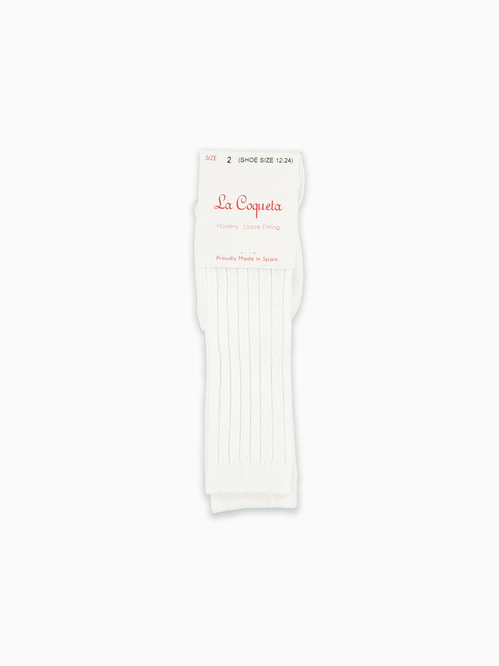 A single white ribbed crew sock with its paper header card, featuring the brand name 'La Copeta' in red script, displayed against a solid white background.