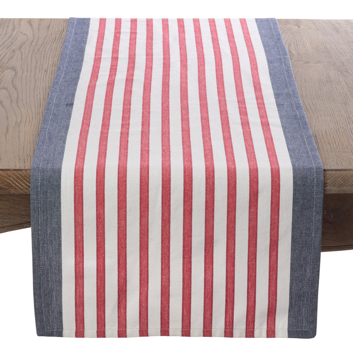 Striped table runner with red, white, and blue pattern on a wooden surface