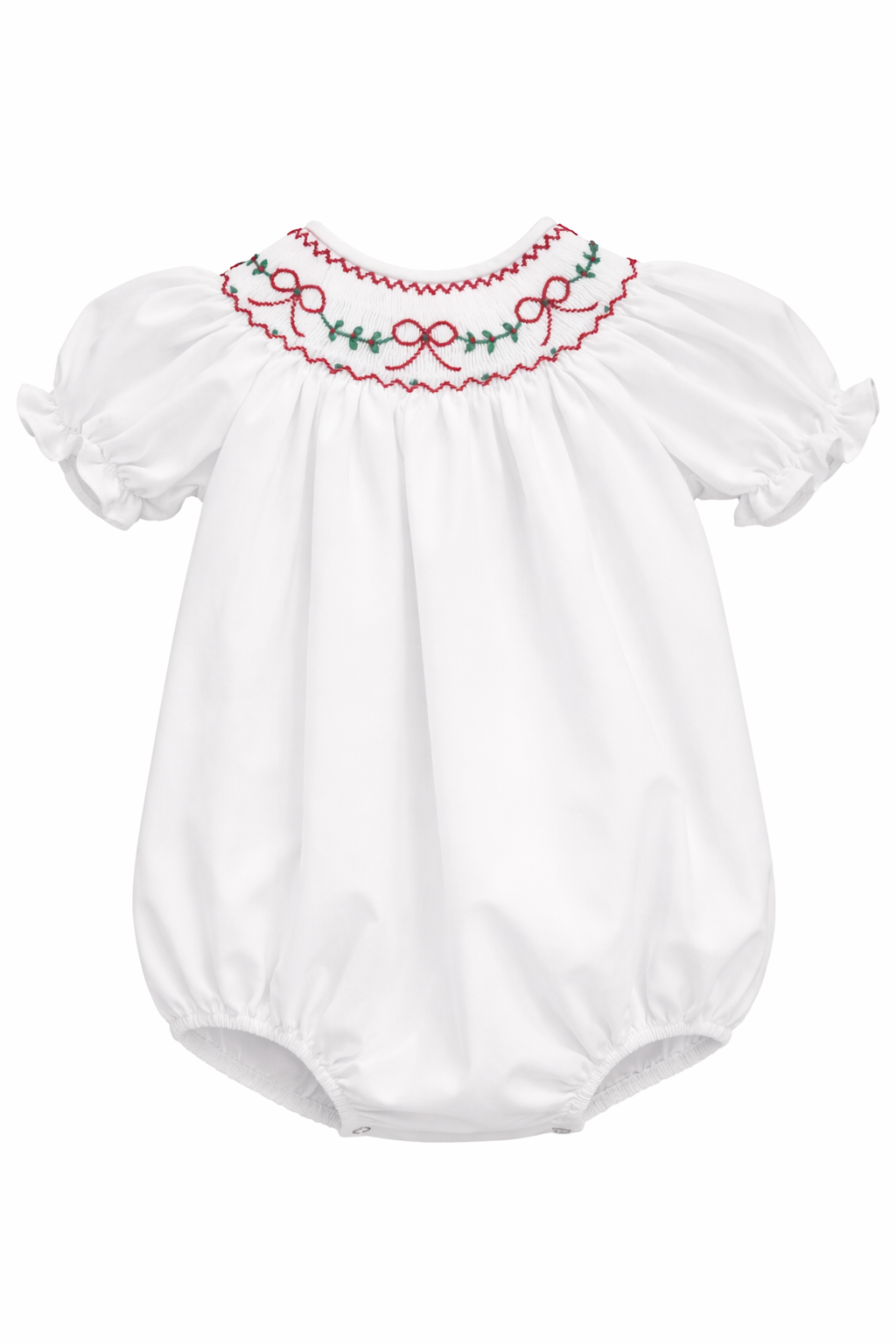 Red Bow Garland White Smocked Baby Bubble. Baby Girl White Christmas Bubble with Embroidery. White Smocked Bubble with Red Bow Details.