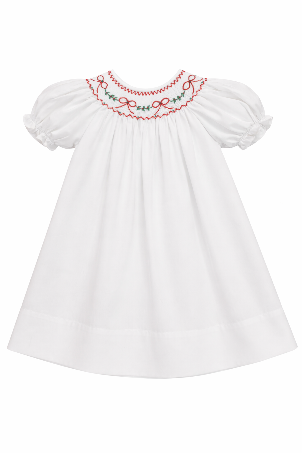 Red Bow Garland White Smocked Dress. Baby Girl White Christmas Dress with Embroidery. White Smocked Dress with Red Bow Details.