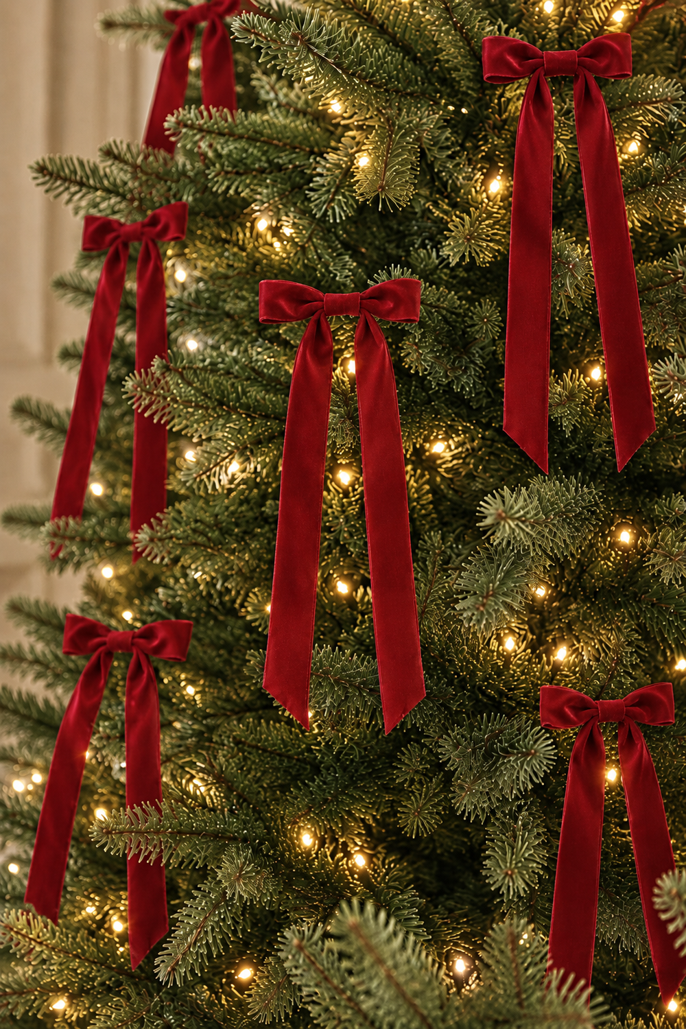 A close-up of a decorated Christmas tree with green branches, warm white string lights, and multiple red velvet ribbon bows hanging throughout.