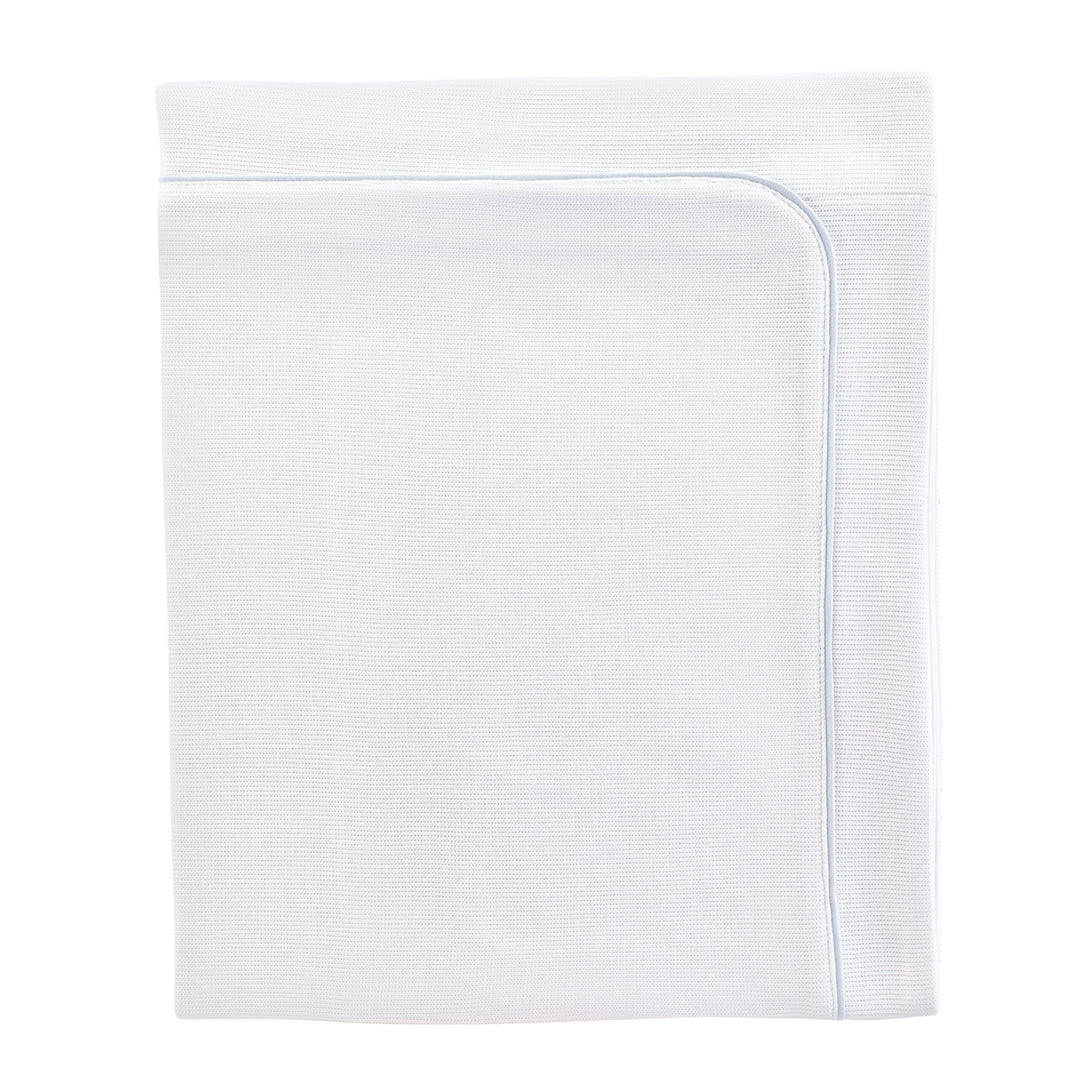 A folded white textured blanket with a light blue stitched border, shown on a solid white background.