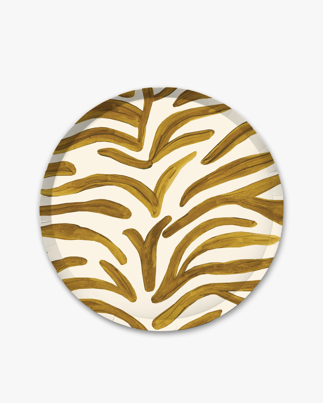 A round paper plate featuring a bold, animal gold pattern on an off-white background, shown against a plain light gray backdrop.