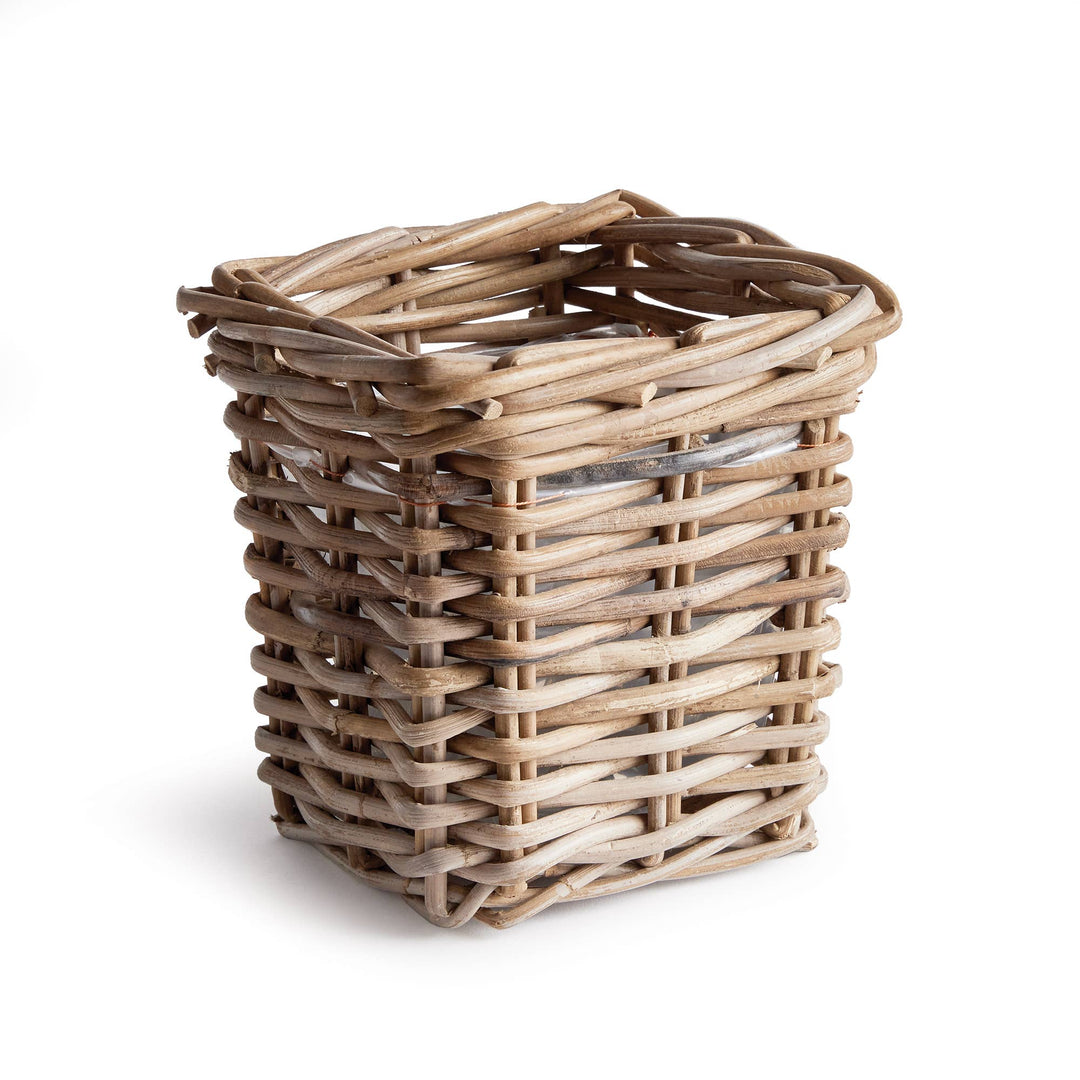 Woven rectangular basket on a white background