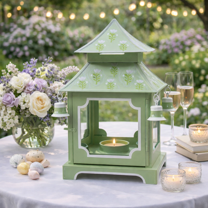 Green decorative lantern on a table with flowers and glasses in an outdoor setting