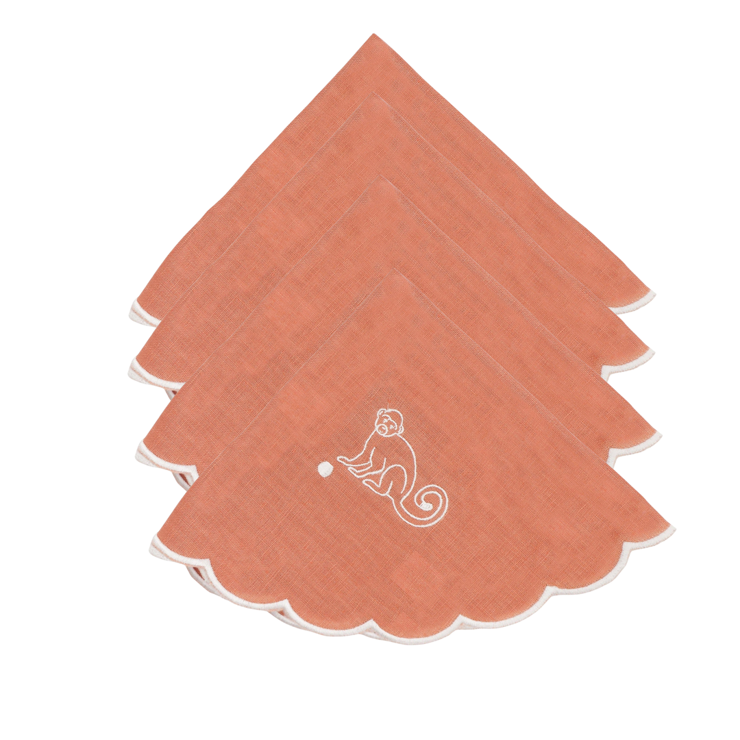 Salmon color embroidered monkey scalloped napkins set of 4