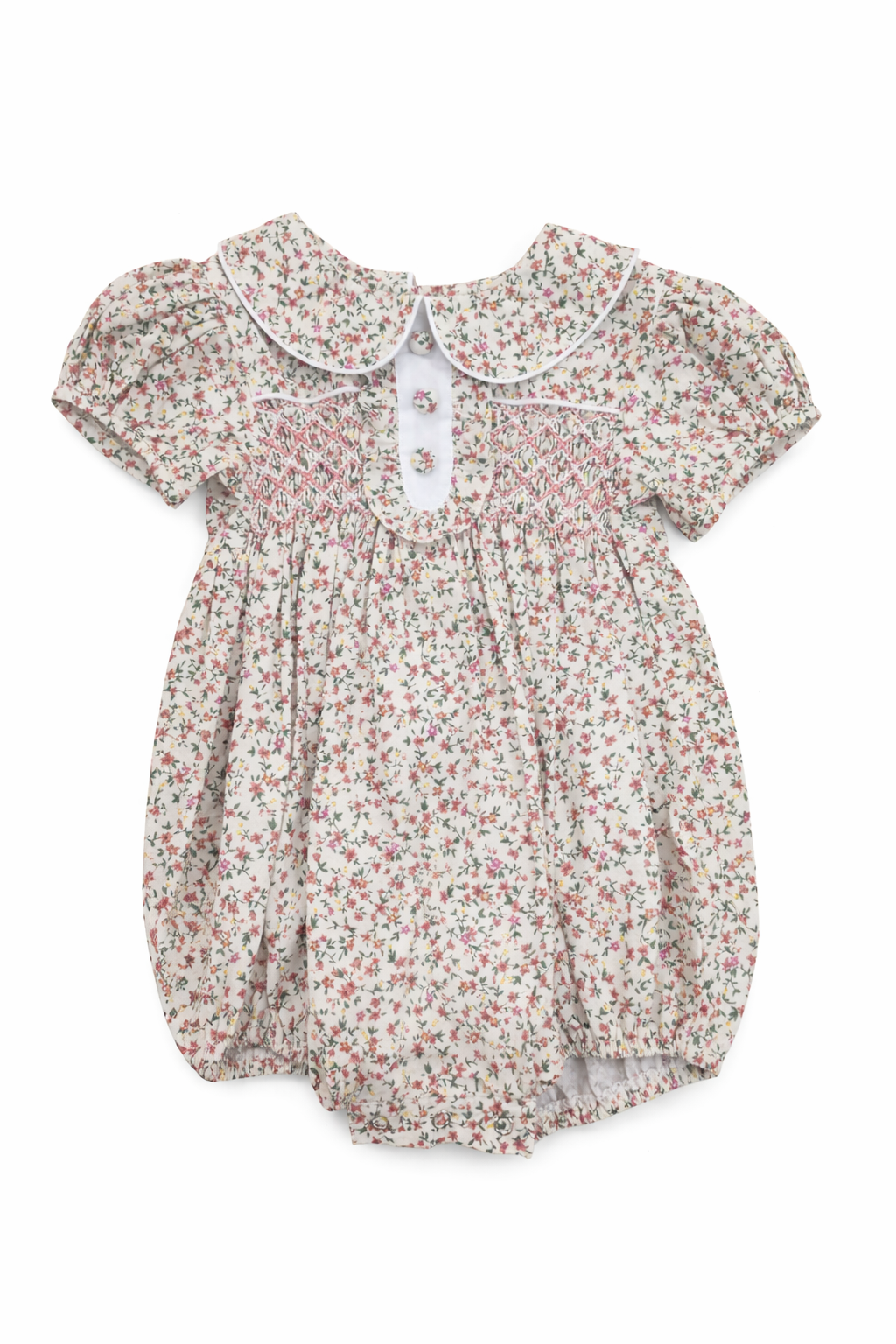 Pink ditsy floral smocked baby bubble romper with Peter Pan collar and three-button placket