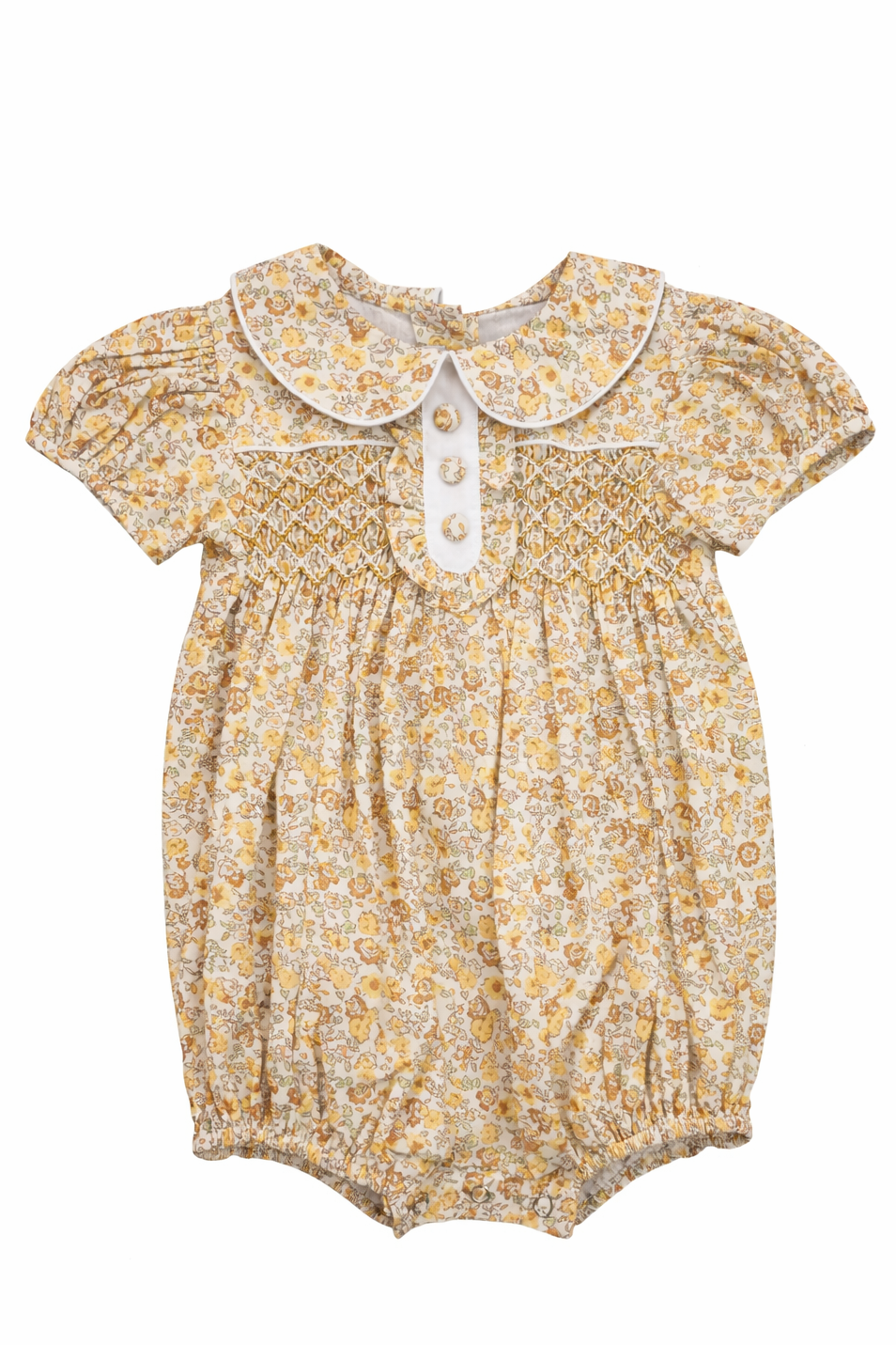 Yellow floral smocked baby bubble romper with Peter Pan collar and three-button placket