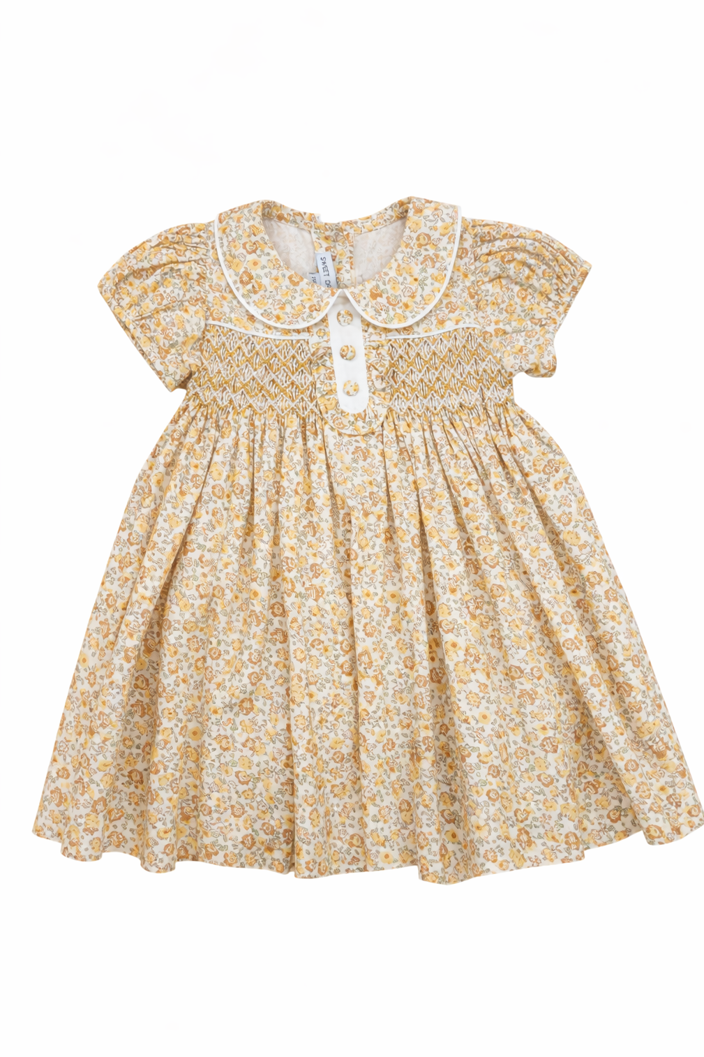 Yellow floral smocked baby dress with Peter Pan collar and three-button placket